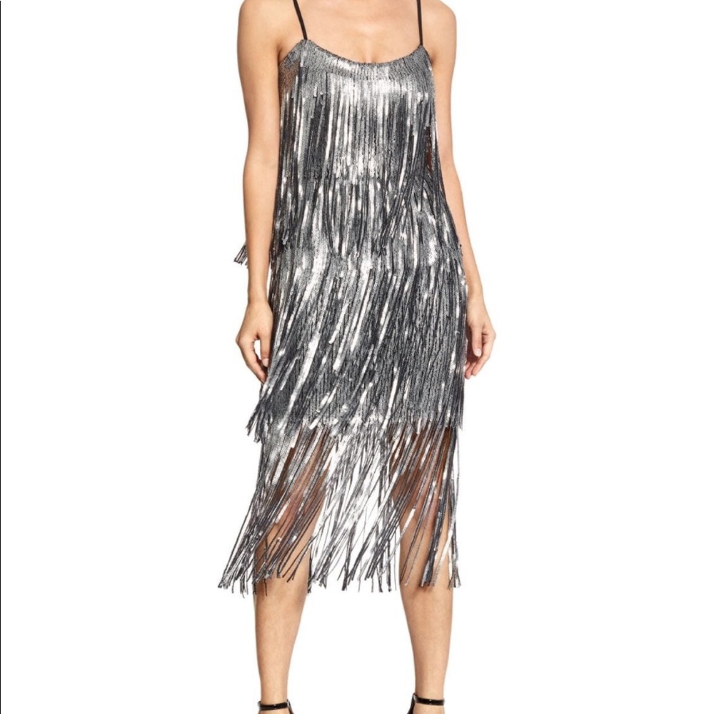 Dress the population gunmetal sequin fringe dress